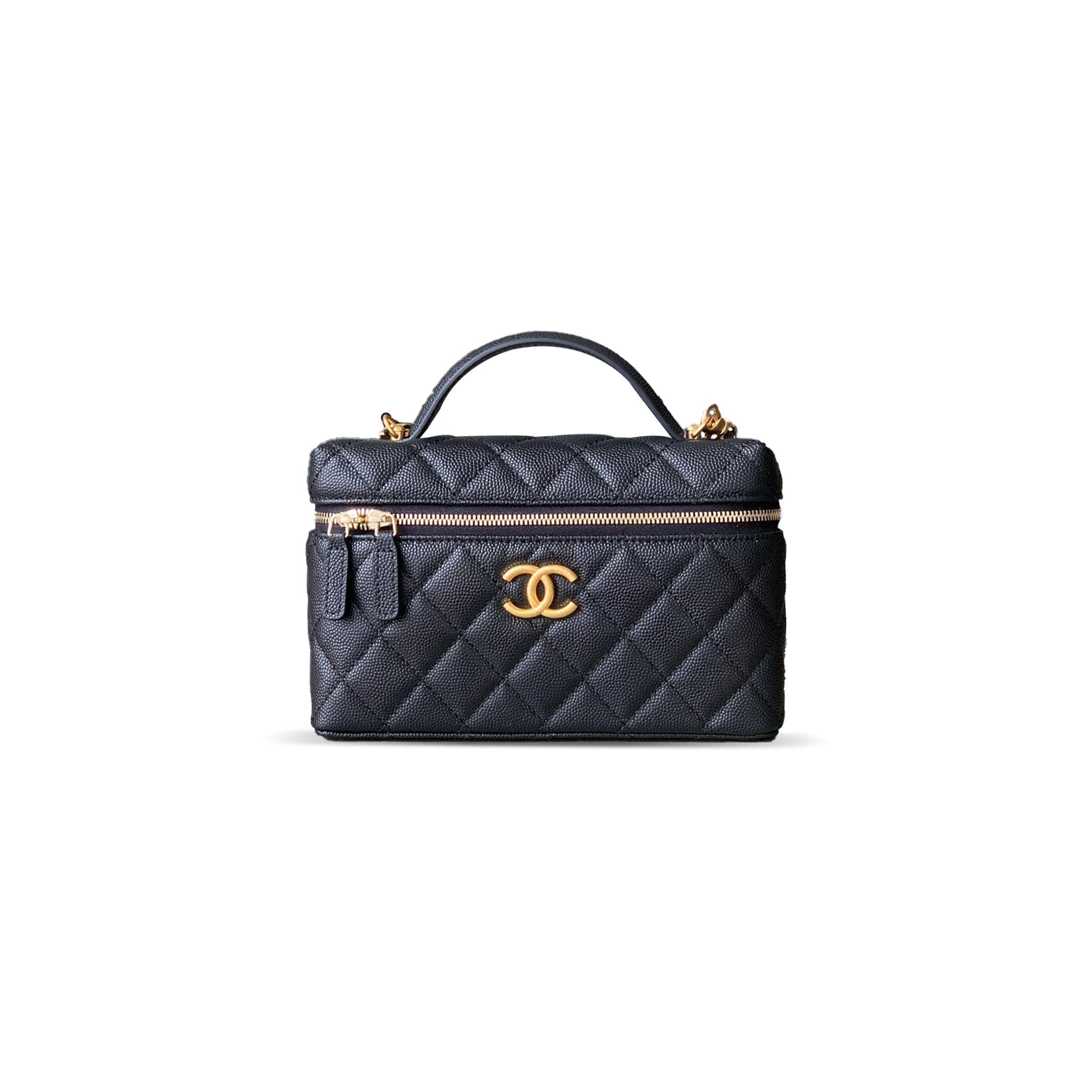 CHANEL CC TOP HANDLE LONG VANITY CASE WITH CHAIN SHINY CAVIAR LIGHT GOLD HARDWARE BLACK AP4385 (19.5*17*5cm)